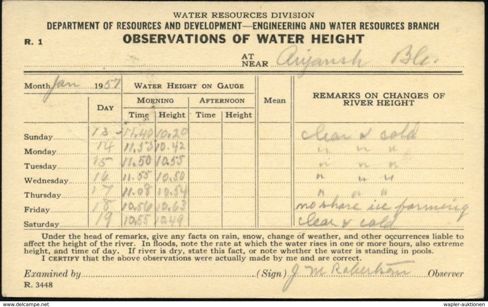 METEOROLOGIE / KLIMA / WETTER : CANADA 1957 (Jan) PP 2 C. Georg VI., Oliv: Water Resources Division, VANCOUVER, Rs. Tabe - Climat & Météorologie