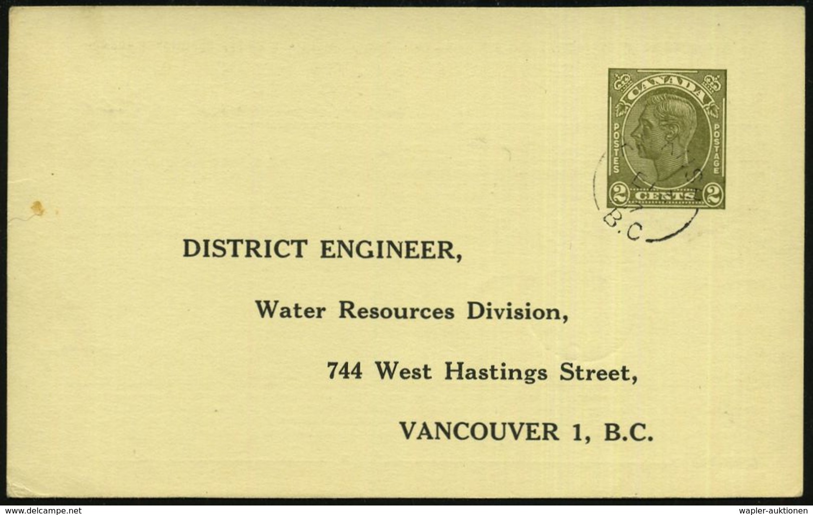 METEOROLOGIE / KLIMA / WETTER : CANADA 1957 (Jan) PP 2 C. Georg VI., Oliv: Water Resources Division, VANCOUVER, Rs. Tabe - Climat & Météorologie