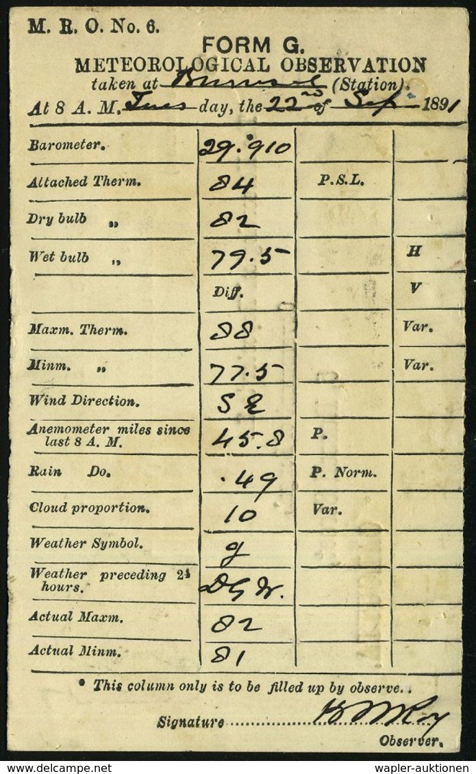 METEOROLOGIE / KLIMA / WETTER : INDIEN 1891 (24.9.) Dienst-P. 1/4 A. Blau: The Meteorological Reporter..CALCUTTA (vierze - Climate & Meteorology