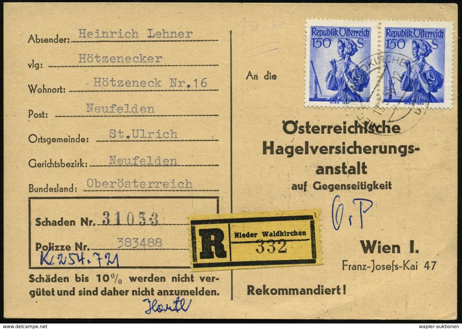 METEOROLOGIE / KLIMA / WETTER : ÖSTERREICH 1960 (Aug.) 3,50 S. Trachten, Paar Auf Firmen-Kt.: Österr. Hagelversichrungan - Climate & Meteorology