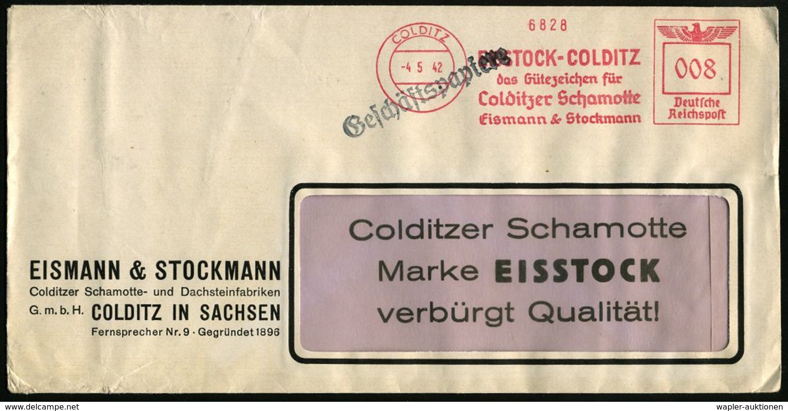KLIMATECHNIK ( WÄRME- & KÄLTE) : COLDITZ/ EISSTOCK-COLDITZ/ ..Colditzer Schamotte/ Eismann & Stockmann 1942 (4.5.) AFS A - Ohne Zuordnung