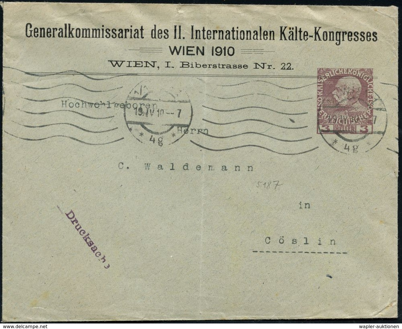 KLIMATECHNIK ( WÄRME- & KÄLTE) : ÖSTERREICH 1910 (19.4.) PU 3 H. KFJ Jubil. Br.lila: Generalkommissariat Des II. Interna - Non Classés