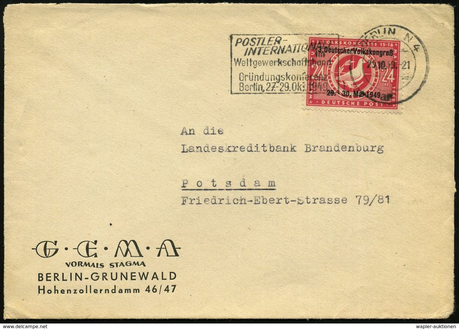 MUSIK ALLGEMEIN : BERLIN N4/ Ar/ ..Weltgewerkschaftsbund/ Gründungskonferenz 1949 (29.10.) MWSt = Ost-Berlin! Auf EF DDR - Musique