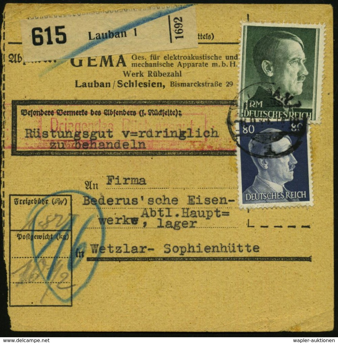 MUSIK ALLGEMEIN : LAUBAN/ 1 1944 (8.11.) 1K-Gitter Auf 180 Pf.-Frankatur Hitler + Schw. Paketzettel: Lauban 1, Selbstbuc - Musica