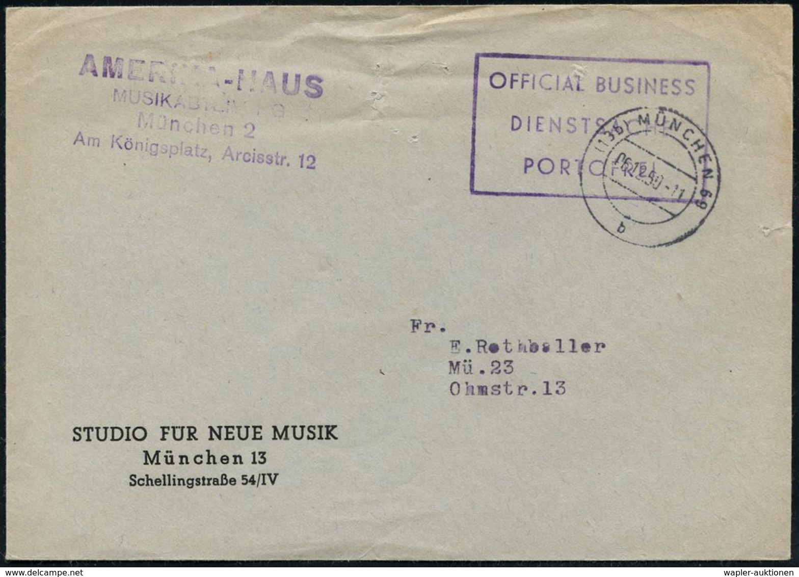 MUSIK ALLGEMEIN : (13b) MÜNCHEN 69/ B 1950 (6.12.) 2K-Steg + Viol. Ra.3: OFFICIAL BUSINESS/DIENSTSACHE/PORTOFEI Auf Dien - Musik
