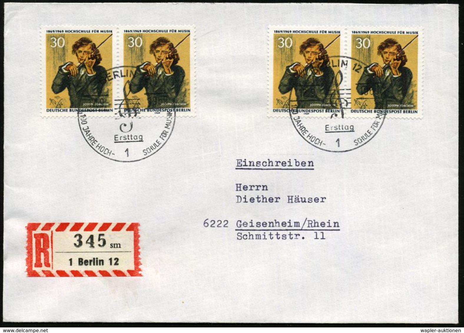 MUSIK ALLGEMEIN : BERLIN 1969 (12.9.) 30 Pf. "100 Jahre Hochschule Für Musik", Reine MeF: 2 Paare = Violinist U. Komponi - Musique