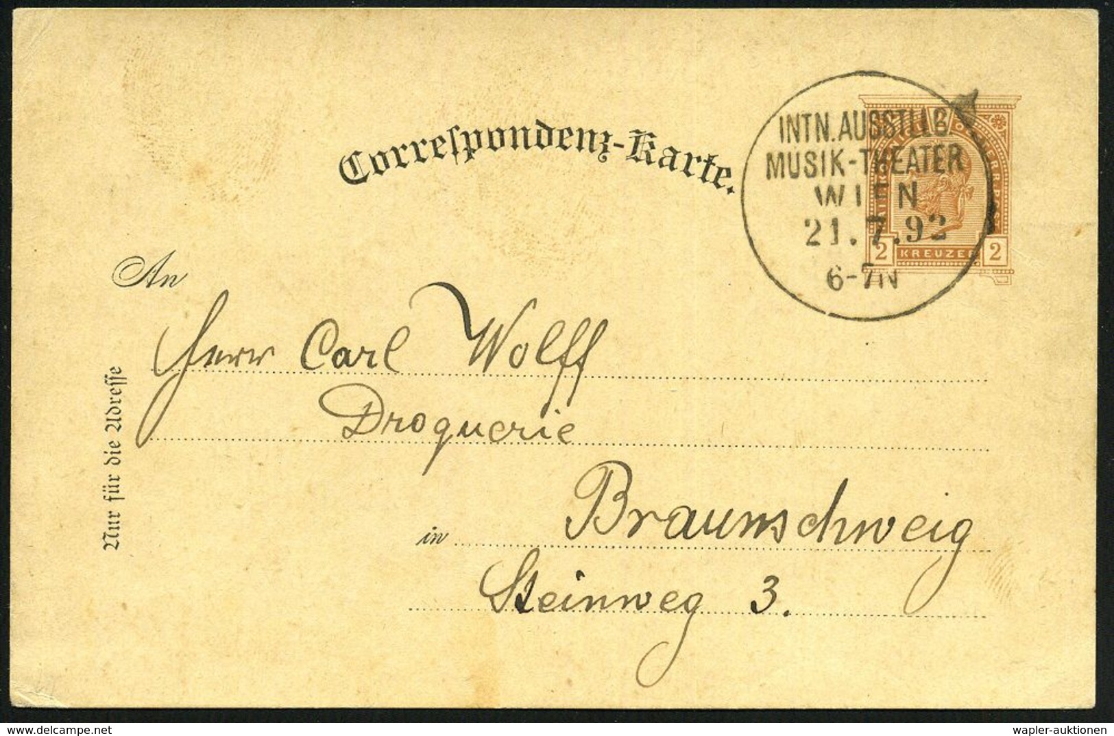 MUSIK ALLGEMEIN : ÖSTERREICH 1892 (21.7) PP 2 Kr. KFJ Torbogen, Braun:  Internat. Musik- U. Theater-Ausstellung Wien, To - Musique