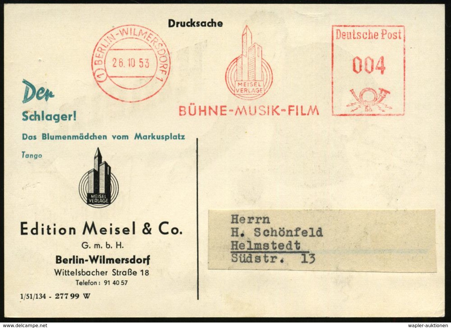 MUSIK-VERLAGE : (1) BERLIN-WILMERSDORF1/ MEISEL/ VERLAGE/ BÜHNE-MUSIK-FILM 1953 (26.10.) AFS (Logo: Hochhäuser, Schall-w - Music