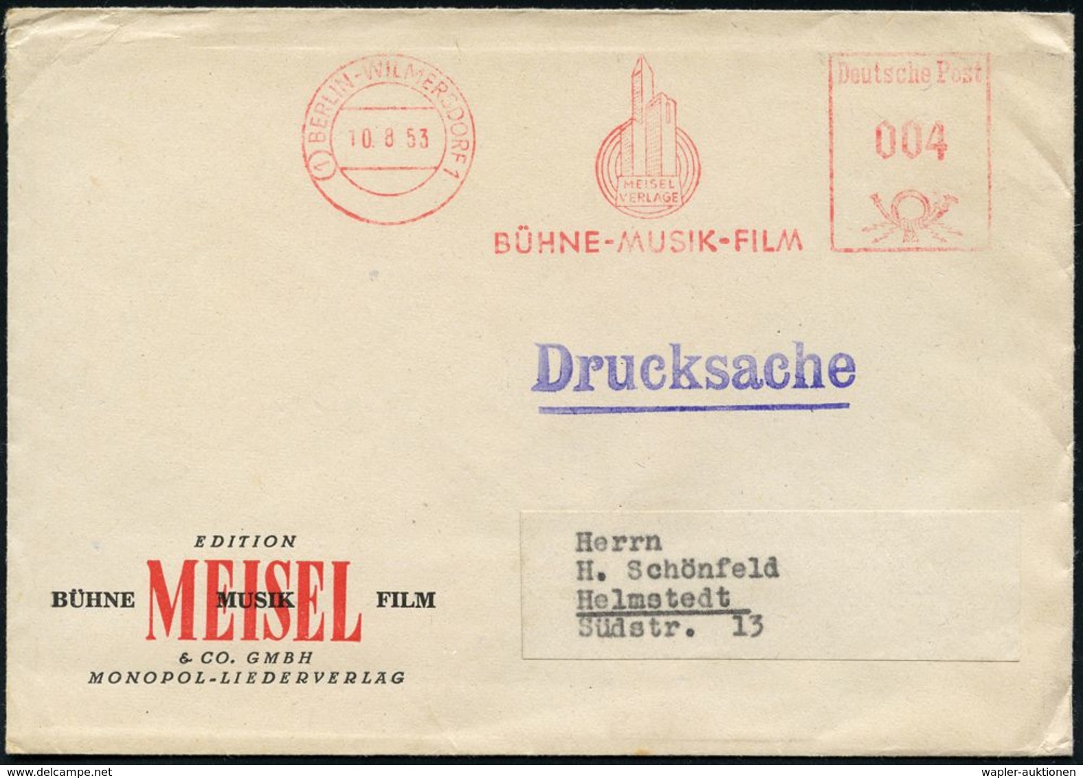 MUSIK-VERLAGE : (1) BERLIN-WILMERSDORF 1/ MEISEL-VERLAG/ BÜHNE-MUSIK-FILM 1953 (10.8.) AFS (Logo: Hochhäuser, Schallwell - Musica