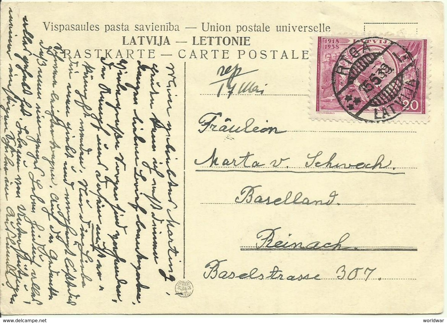 1939 Postkarte Von Riga Nach Reinach, Schweiz - Lettonie