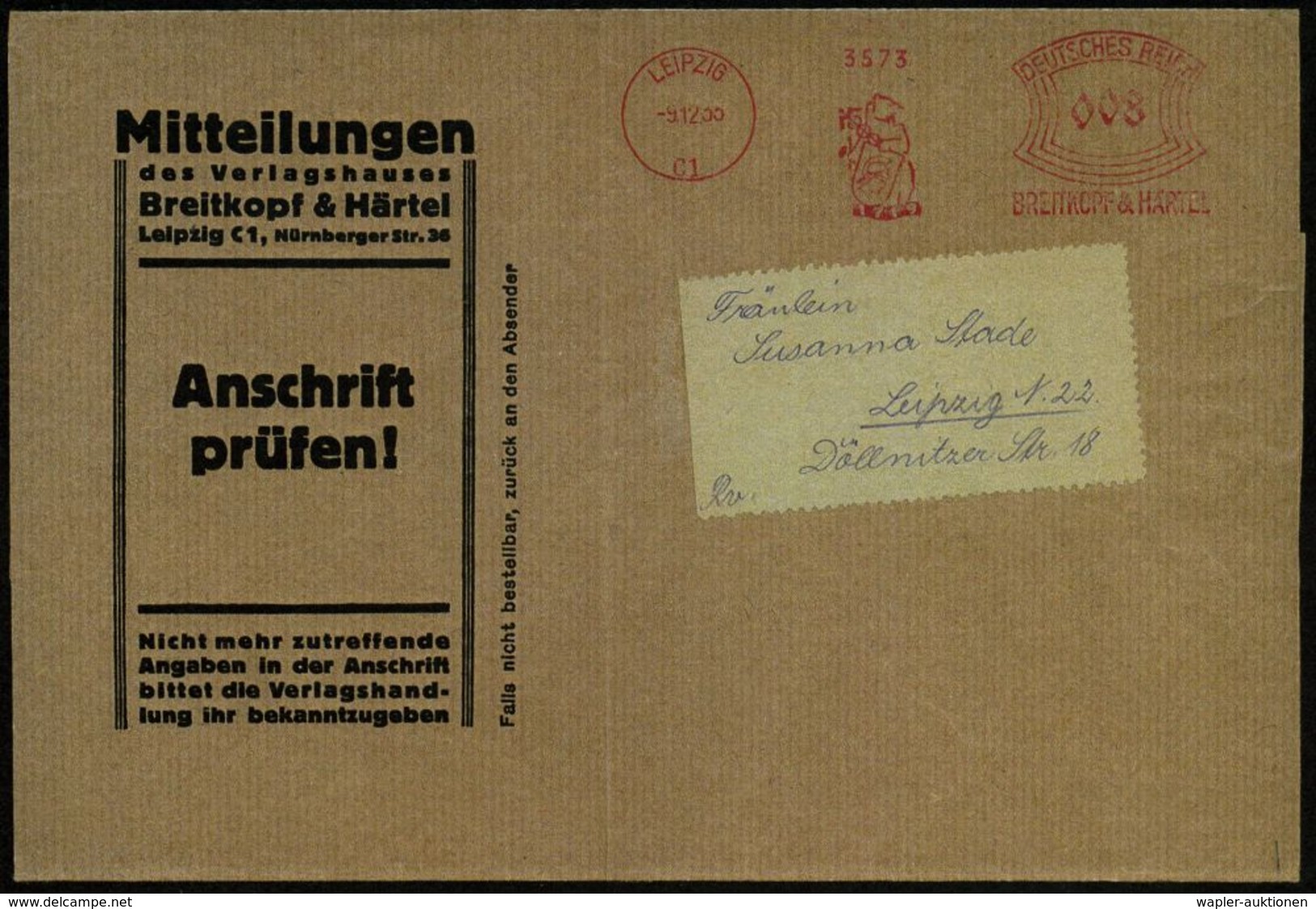 MUSIK-VERLAGE : LEIPZIG/ C 1/ 1719/ BREITKOPF & HÄRTEL 1935 (9.12.) Seltener AFS 008 Pf. = Logo (Bär M.Merkurstab, Kopf  - Musique