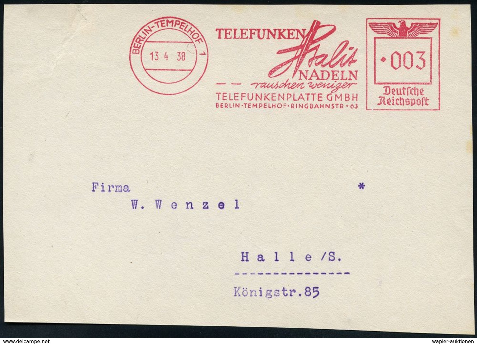 SCHALLPLATTE / GRAMMOPHON / PLATTENSPIELER : BERLIN-TEMPELHOF 1/ TELEFUNKEN/ Stalit/ NADELN/ Rauschen Weniger.. 1938 (13 - Musique