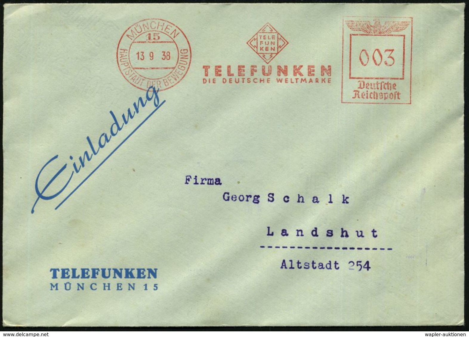 SCHALLPLATTE / GRAMMOPHON / PLATTENSPIELER : MÜNCHEN/ 15/ HDB/ TELEFUNKEN/ DIE DEUTSCHE WELTMARKE 1938 (13.9.) AFS = Fir - Musique