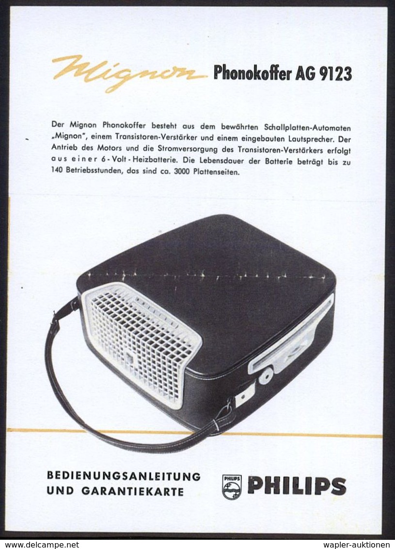SCHALLPLATTE / GRAMMOPHON / PLATTENSPIELER : B.R.D. 1955 (ca.) Reklame-Faltblatt: PHILIPS Phonokoffer AG 9123 "Mignon" = - Musik