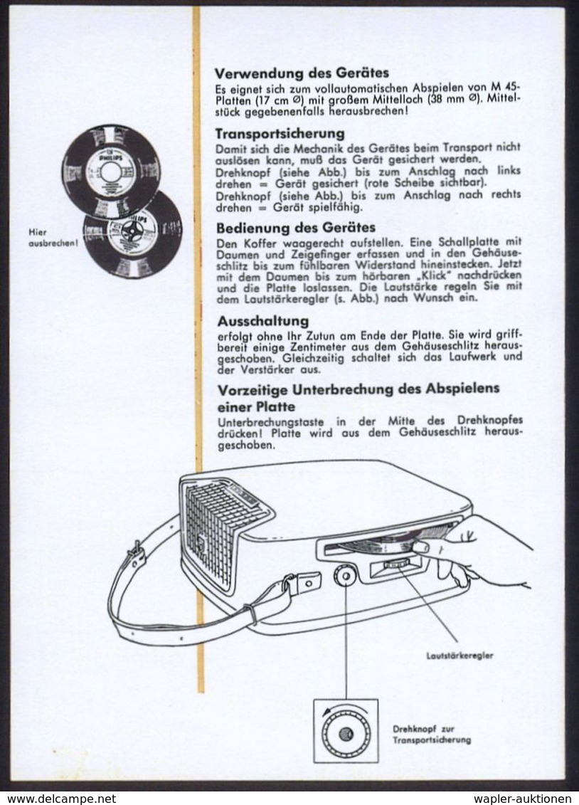 SCHALLPLATTE / GRAMMOPHON / PLATTENSPIELER : B.R.D. 1955 (ca.) Reklame-Faltblatt: PHILIPS Phonokoffer AG 9123 "Mignon" = - Musica