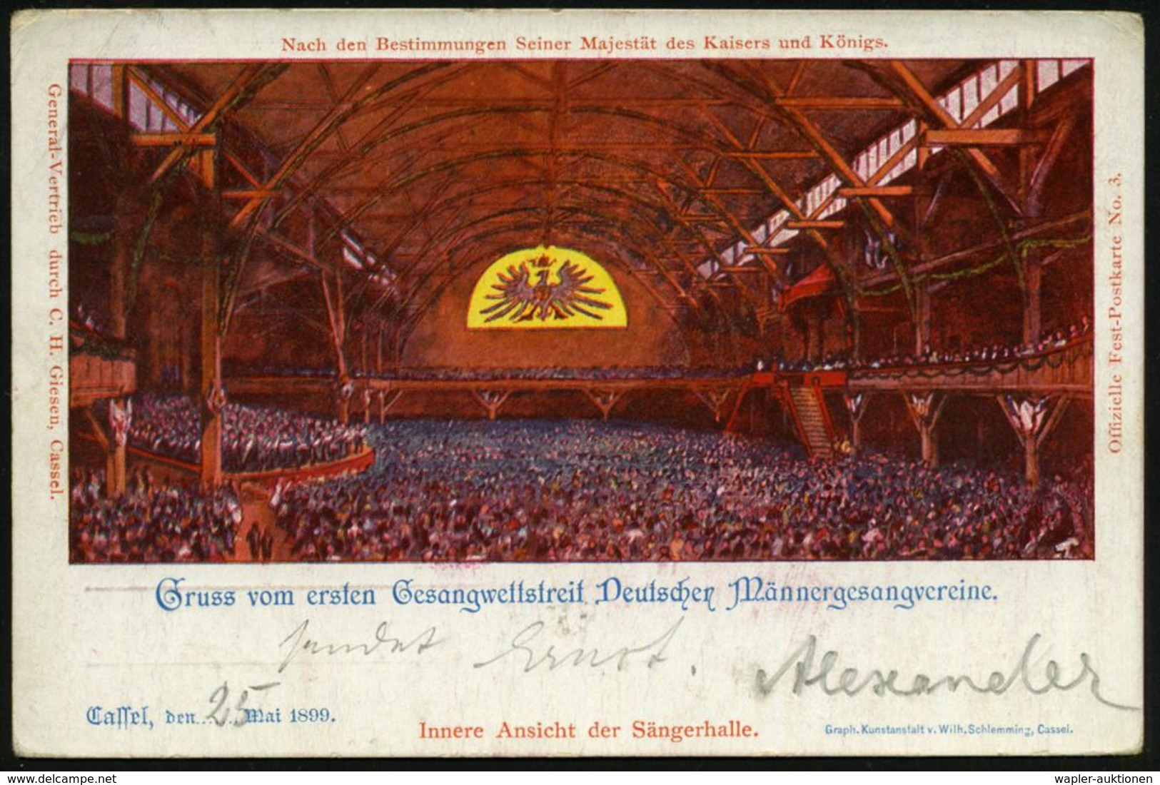 LIED & SINGEN / GESANGSFESTIVAL : Kassel 1899 (26.5.) Seltener SSt: CASSEL/1. GESANGSWETTSTREIT/** (Bo.1) Auf PP 5 Pf. K - Musica