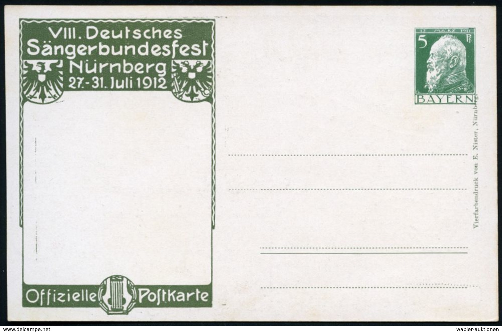 LIED & SINGEN / GESANGSFESTIVAL : Nürnberg 1912 (Juli) PP 5 Pf. Luitpold, Grün: 8. Deutsches Sängerbundes-Fest.. 1912 =  - Musique
