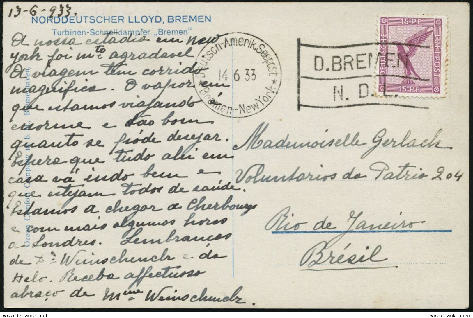 LIED & SINGEN / GESANGSFESTIVAL : DEUTSCHES REICH 1933 (14.6.) BPA: Deutsch-Amerik. Seepost/Bremen - New York/D. BREMEN/ - Music