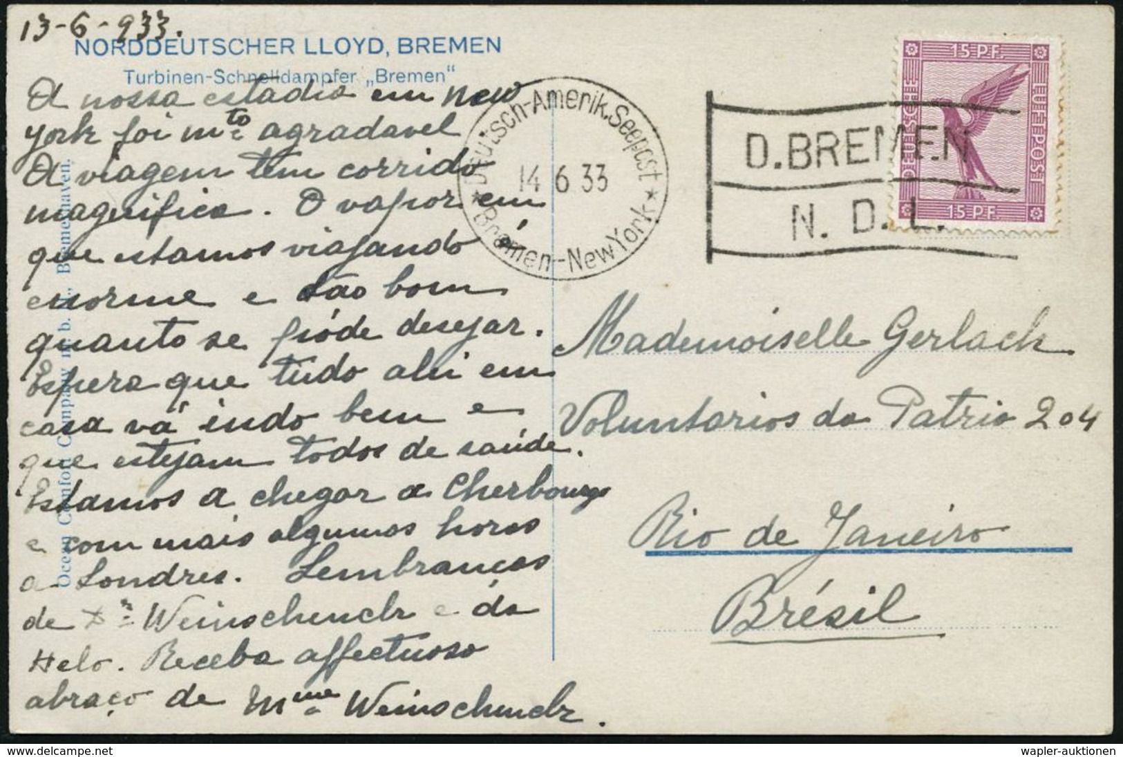 LIED & SINGEN / GESANGSFESTIVAL : DEUTSCHES REICH 1933 (14.6.) BPA: Deutsch-Amerik. Seepost/Bremen - New York/D. BREMEN/ - Musique
