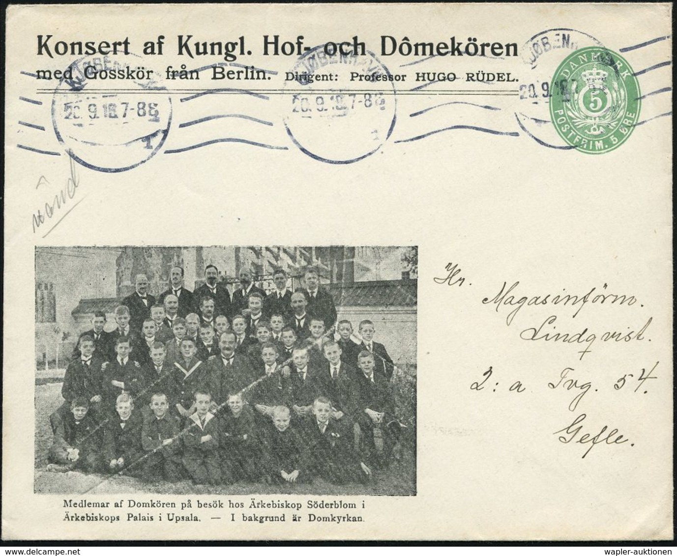 LIED & SINGEN / GESANGSFESTIVAL : DÄNEMARK 1918 (Sept.) PU 5 Öre Zifferoval, Grün: Konsert Af Kungl. Hof- Och Domekören  - Musique