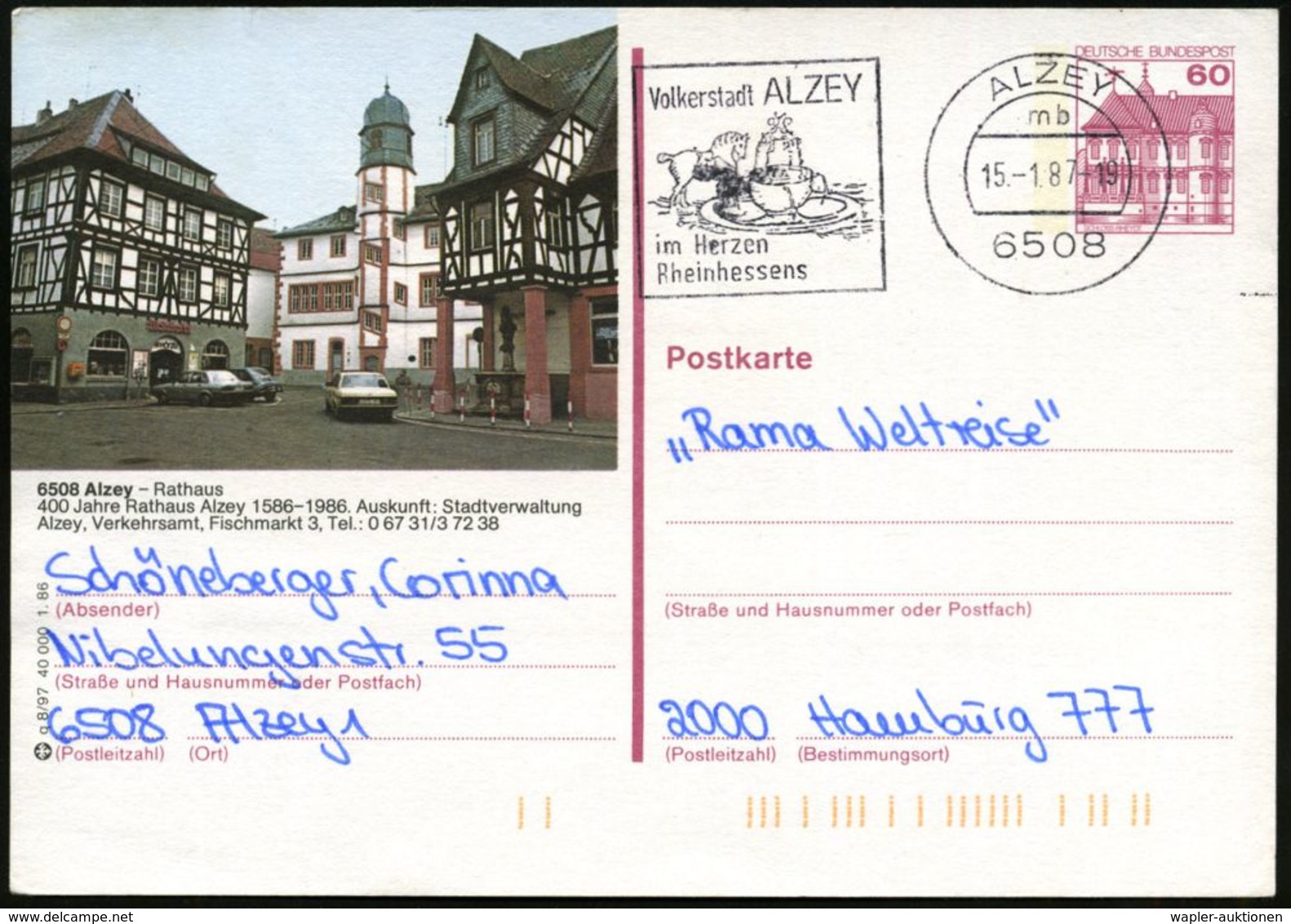 MINNESÄNGER / ROLAND : 6508 ALZEY/ Mb/ Volkerstadt.. 1987 (15.1.) MWSt (Pferd, Brunnen) Auf Ortsgl. BiP 60 Pf. Burgen: 6 - Musik