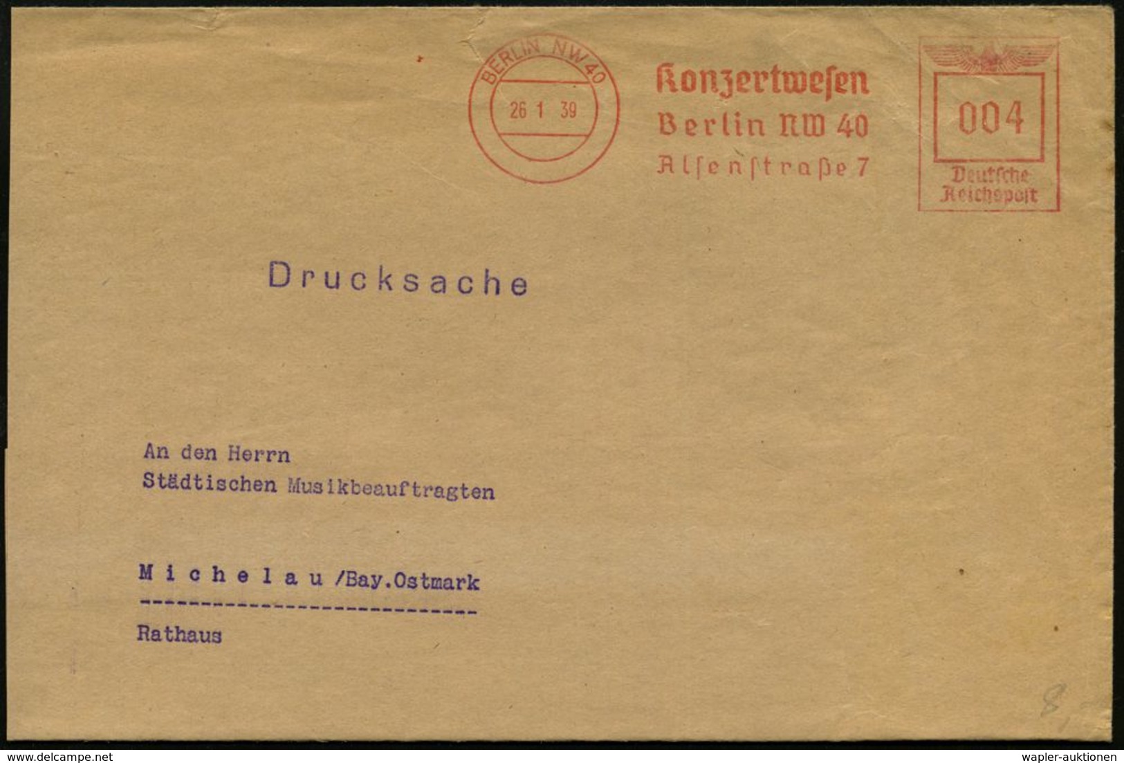 KLASSISCHE MUSIK /KONZERT / OPER : BERLIN NW 40/ Konzertwesen 1939 (26.1.) AFS Auf Teil-Bf. (oben Kl.Riß) Klar! (Dü.E-5C - Musique