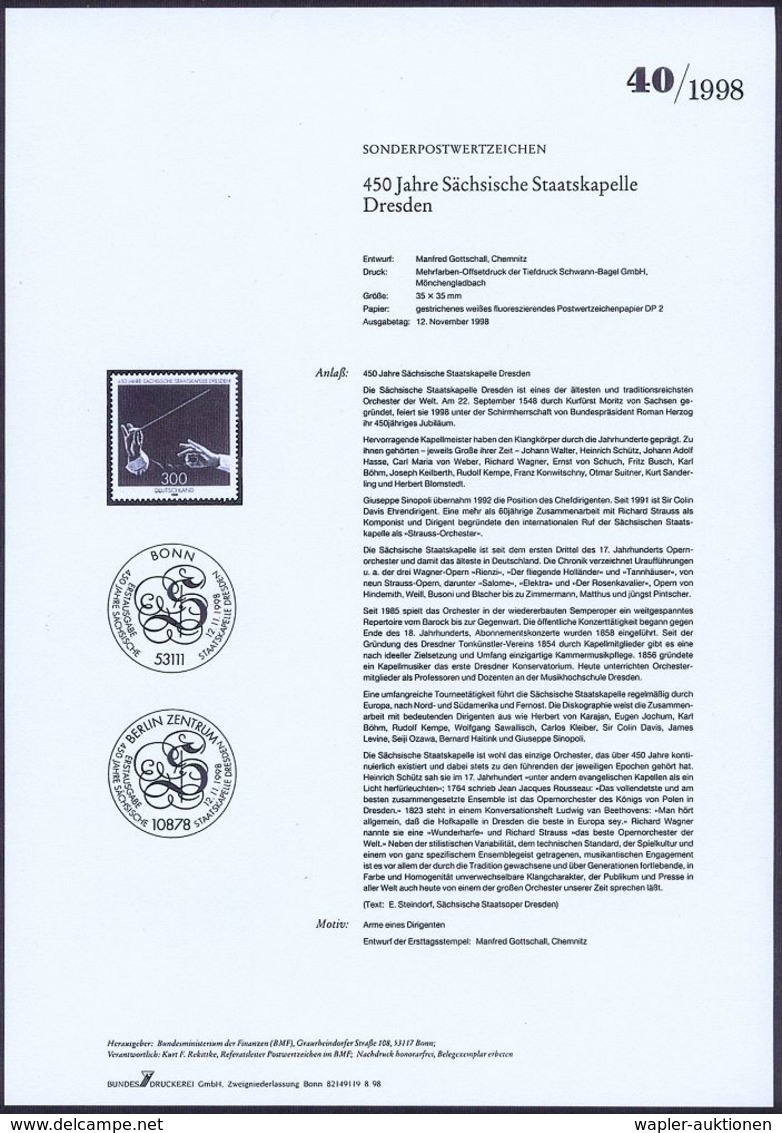 KLASSISCHE MUSIK /KONZERT / OPER : B.R.D. 1998 (Nov.) 300 Pf. "450 Jahre Sächs. Staatskapelle Dresden" = Dirigentenhände - Musique