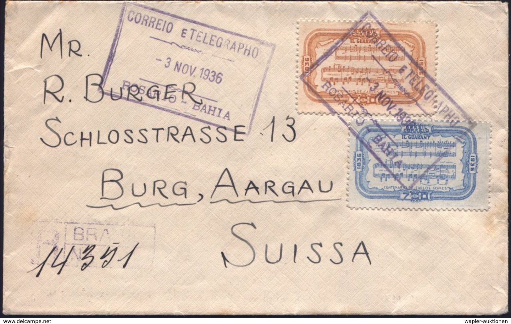 KLASSISCHE MUSIK /KONZERT / OPER : BRASILIEN 1936 (3.11.) 700 Rs. Ocker U. 700 Rs. Blau: "100. Geburtstag Komponist A. C - Musique