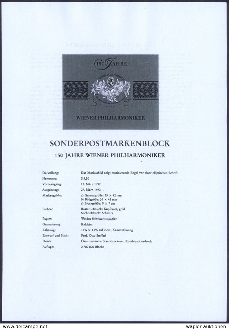 KLASSISCHE MUSIK /KONZERT / OPER : ÖSTERREICH 1992 (März) 5,50 S. "150 Jahre Wiener Philharmoniker",  U N G E Z.  Schwar - Musique