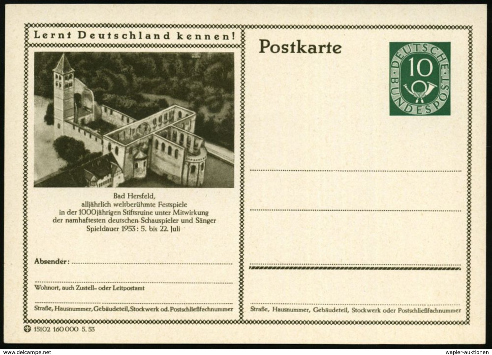 KLASSISCHE MUSIK-FESTIVALS & FESTWOCHEN : Bad Hersfeld 1953 10 Pf. BiP Posthorn, Grün: ..weltberühmte Festspiele.. Namha - Musique