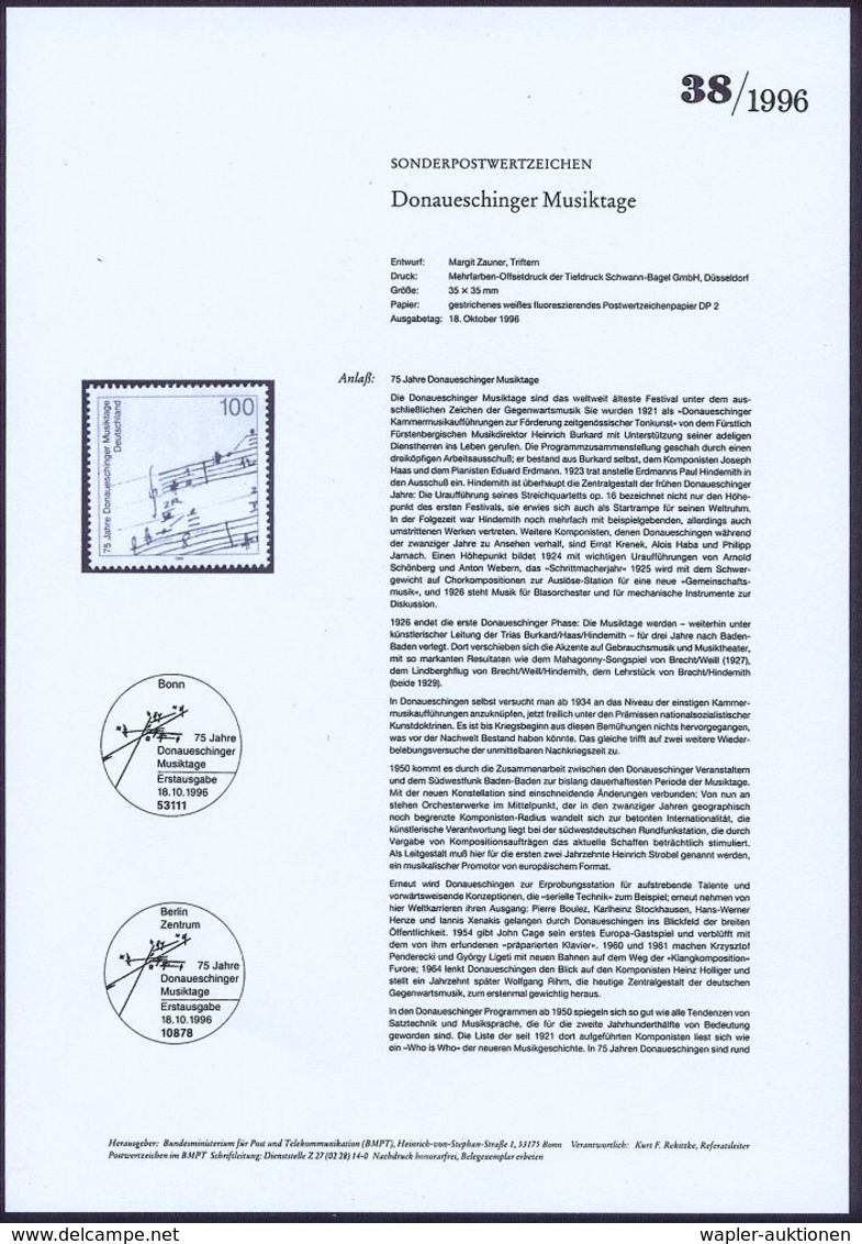 KLASSISCHE MUSIK-FESTIVALS & FESTWOCHEN : Donaueschingen 1996 (Okt.) 100 Pf. "75 Jahre Donaueschinger Musiktage" + Amtl. - Musique