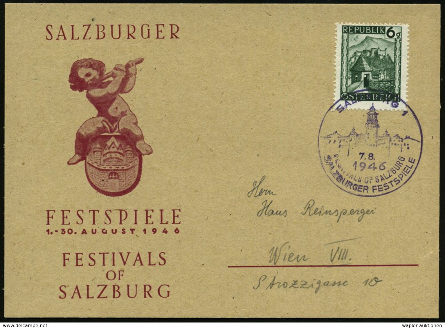 KLASSISCHE MUSIK-FESTIVALS & FESTWOCHEN : ÖSTERREICH 1946 (7.8.) Viol. SSt: SALZBURG 1/FESTIVAL OF SALZBURG/SALZBURGER F - Musique