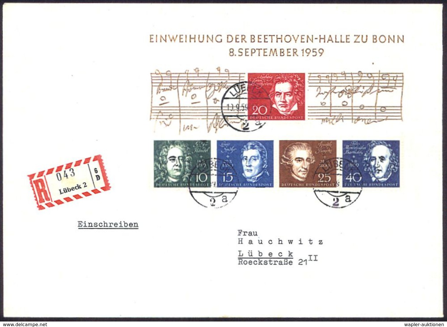 KOMPONISTEN  A - Z : B.R.D. 1959 (10.9.) Beethoven-Block, EF = 5 Komponisten , Klar Gest.  + RZ: Lübeck 2, Orts-R-Bf.  ( - Music