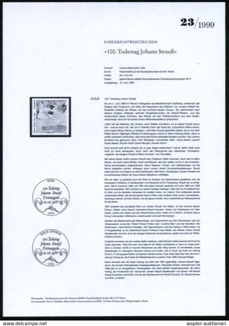 KOMPONISTEN  A - Z : B.R.D. 1999 (Juni) 300 Pf. "100 Todestag Johann Strauss" (Sohn) Mit Amtl. Handstempel  "M U S T E R - Music