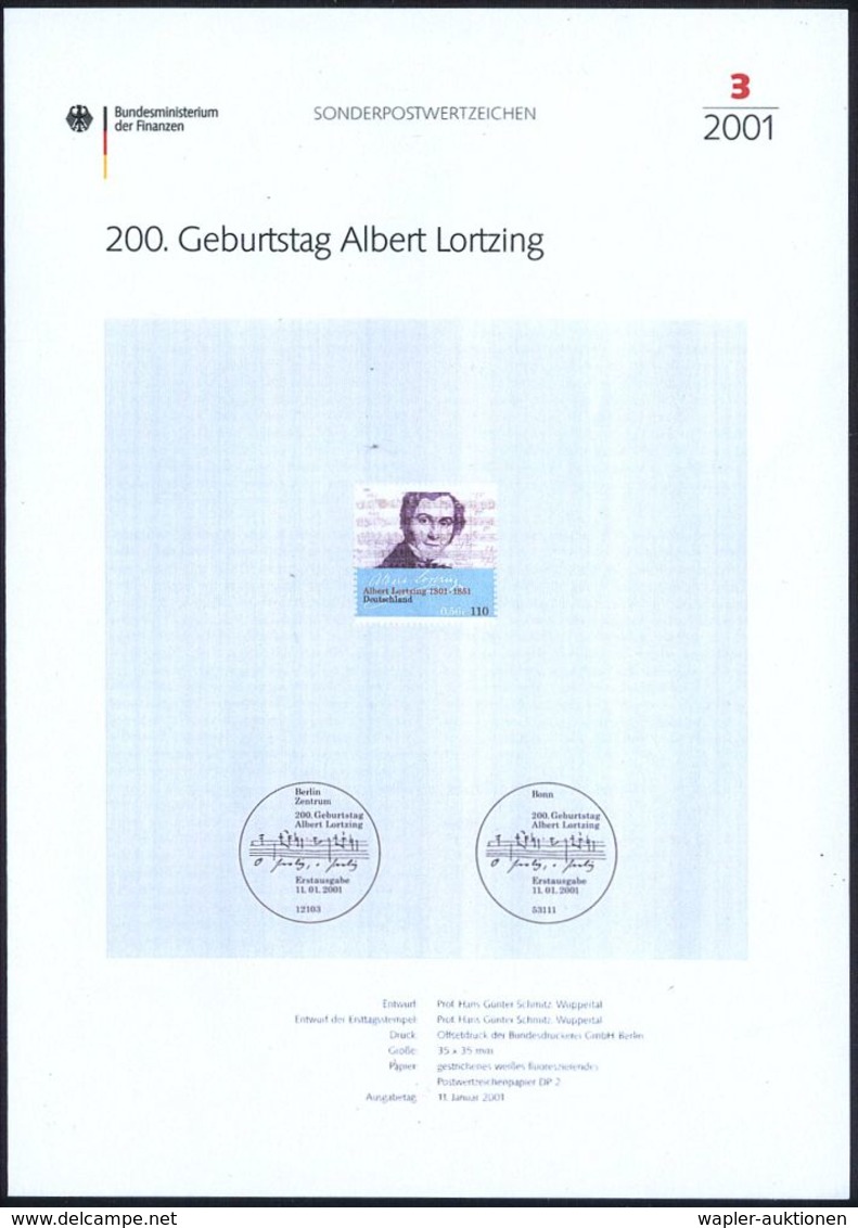 KOMPONISTEN  A - Z : B.R.D. 2001 (Jan.) 110 Pf. "200. Geburtstag Albert Lortzing", Mit Amtl. Handstempel  "M U S T E R"  - Musique