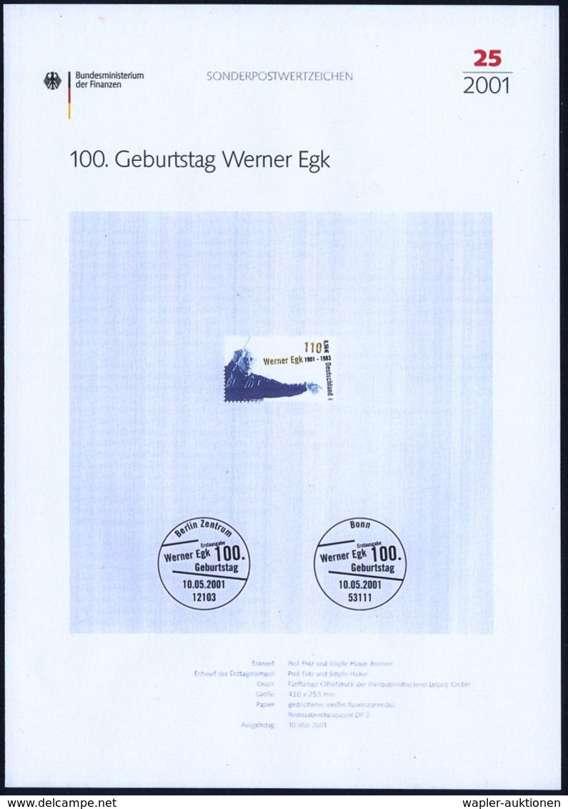 KOMPONISTEN  A - Z : B.R.D. 2001 (Mai) 110 Pf. "100. Geburtstag Werner Egk" Mit Amtl. Handstempel  "M U S T E R" , Postf - Musica