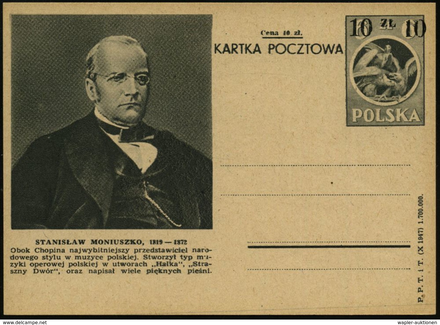 KOMPONISTEN  A - Z : POLEN 1949 10 Zl./6 Zl. Adler, Grau: STANISLAW MONIUSZKO = Opern-, Operetten- U. Ballet-Komponist ( - Musique