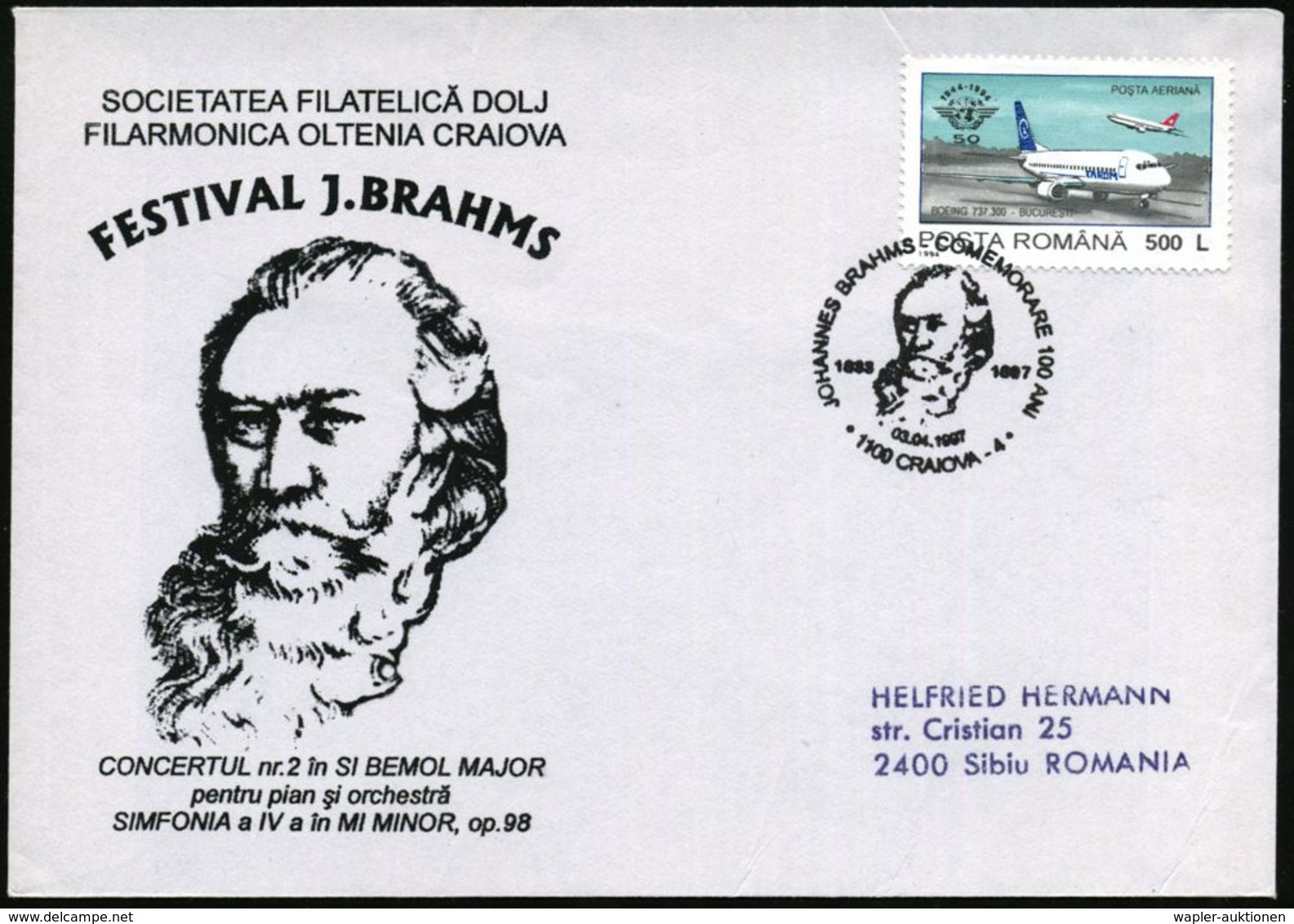 KOMPONISTEN  A - Z : RUMÄNIEN 1997 (3.4.) SSt: 1100 CRAIOVA/JOH. BRAHMS..100 ANI/1833 1897 (Kopfbild) Klar Gest. Motivgl - Musique