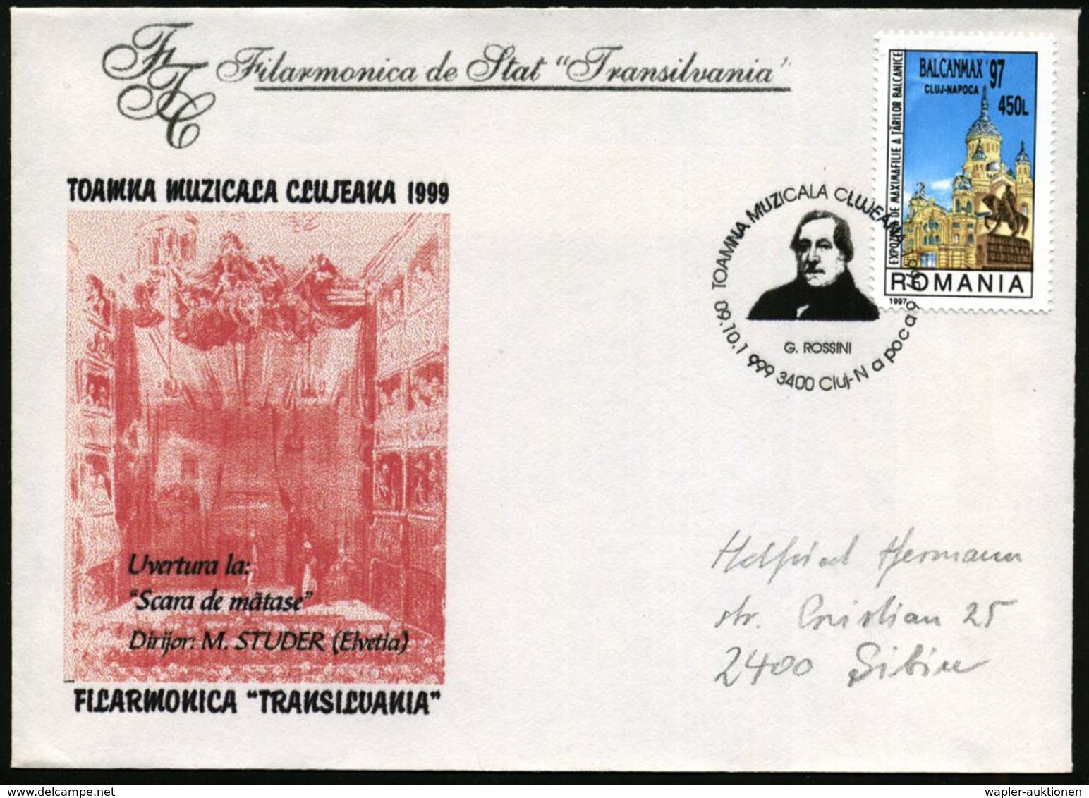 KOMPONISTEN  A - Z : RUMÄNIEN 1999 (9.10.) SSt.: 3400 Cluj-Napoca 9/TOAMNIA MUZICALA CLUJEANA/G.ROSSINI (Brustbild), Pas - Musica