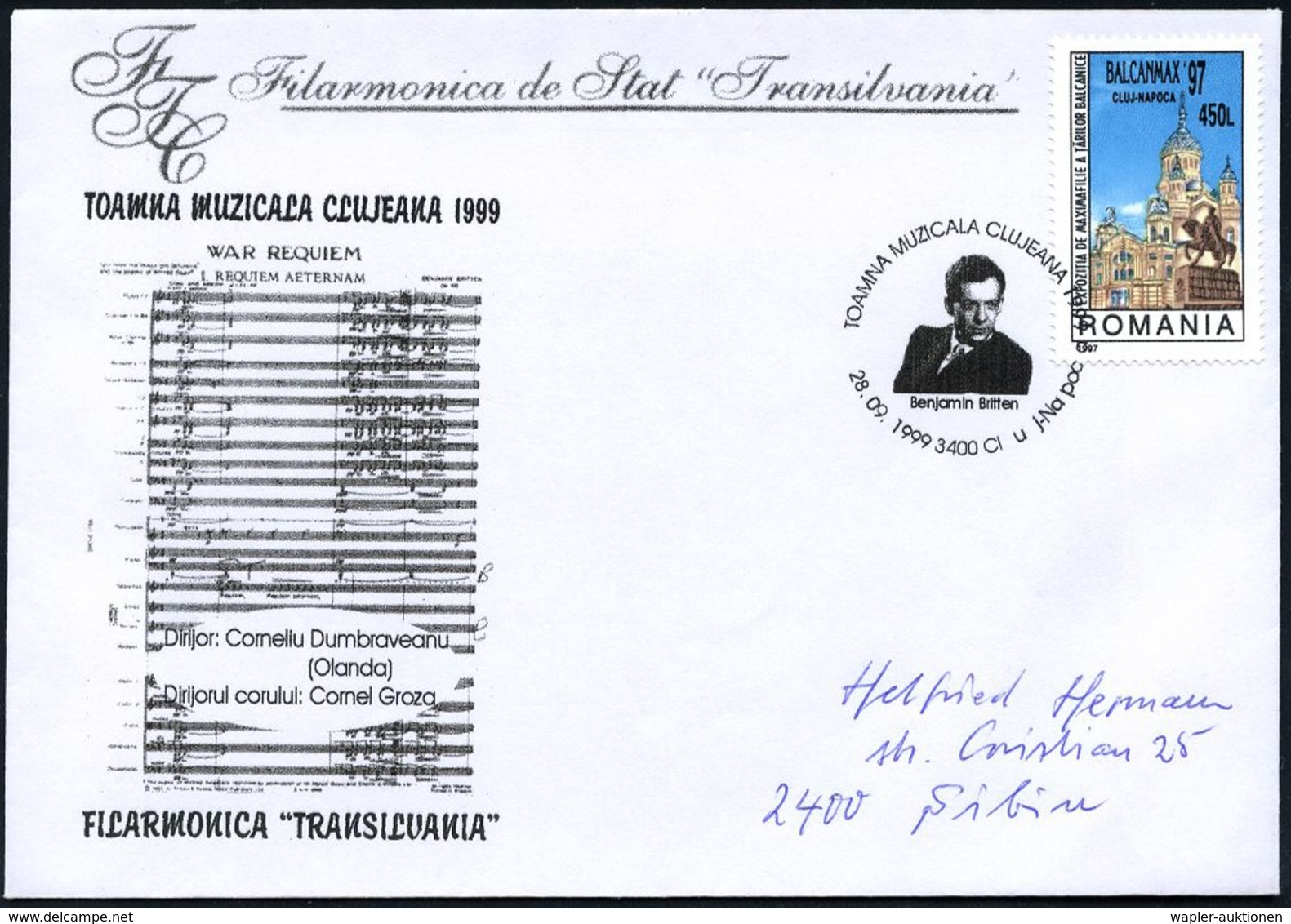 KOMPONISTEN  A - Z : RUMÄNIEN 1999 (28.9.) SSt.: 3400 Cluj-Napoca/TOAMNA MUZICALA CLUJEANA/Benjamin Britten (Brustbild B - Musik