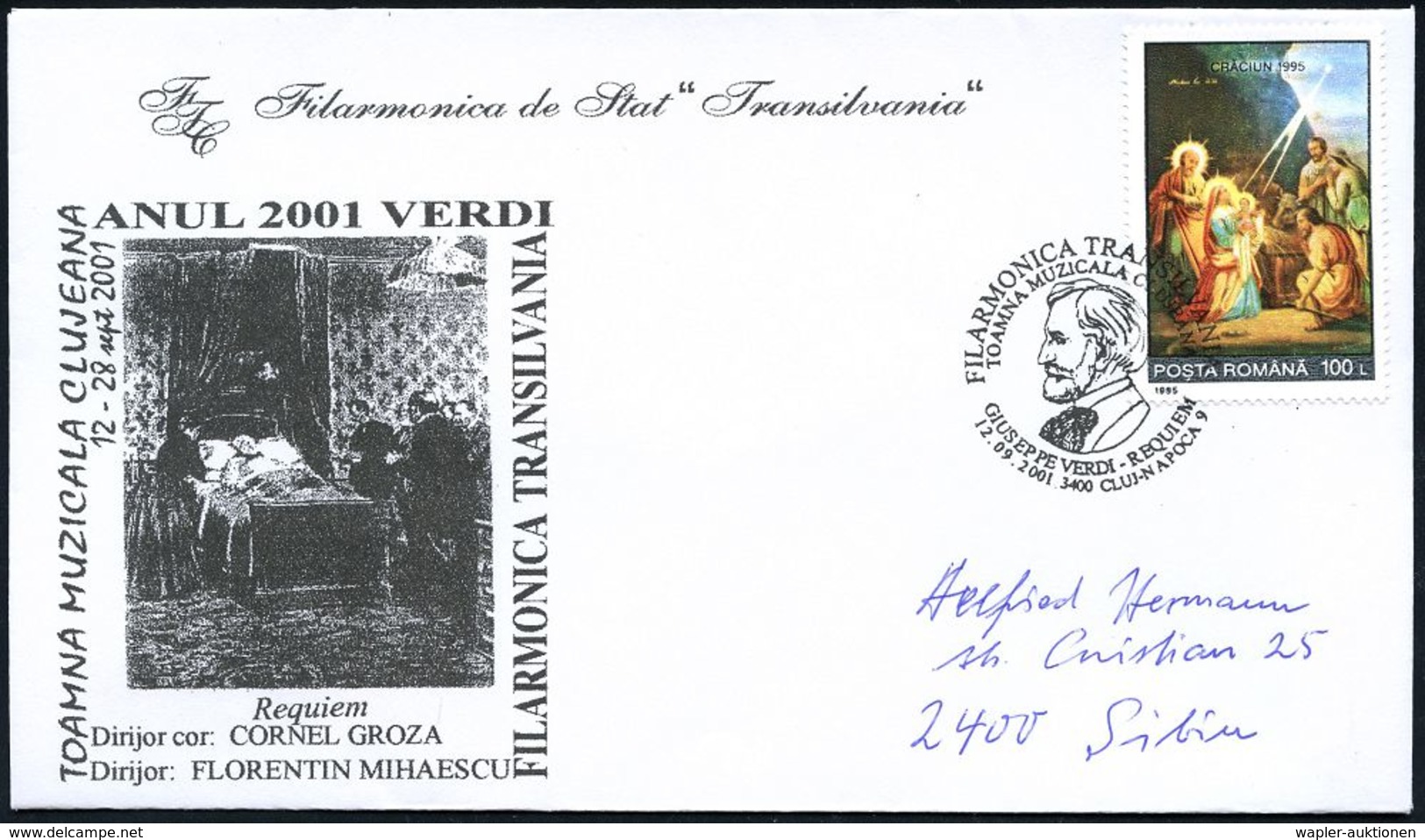 KOMPONISTEN  A - Z : RUMÄNIEN 2001 (12.9.) SSt.: 3400 CLUJ-NAPOCA 9/FILARMONICA TRANSILVANIA/GIUSEPPE VERDI-REQUIEM (Bru - Musik