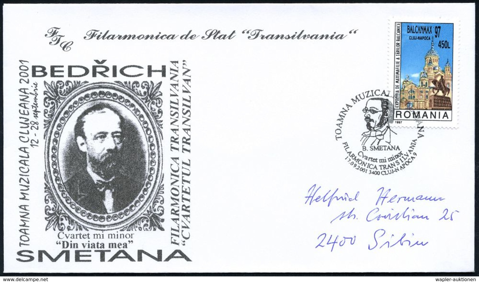 KOMPONISTEN  A - Z : RUMÄNIEN 2001 (17.9.) SSt.: 3400 CLUJ-NAPOCA 9/TOAMNA MUZICALA CLUJEANA/B. SMETANA.. (Brustbild) Rs - Musique