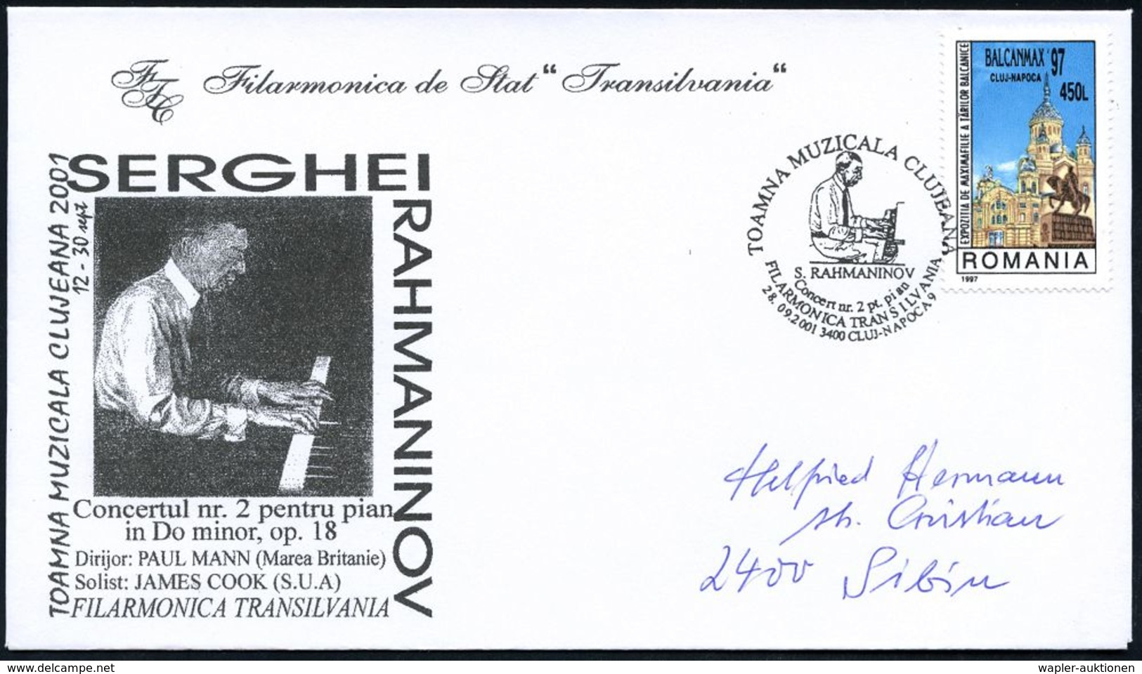 KOMPONISTEN  A - Z : RUMÄNIEN 2001 (28.9.) SSt.: 3400 CLUJ-NAPOCA 9/TOAMNA MUZICALA CLUJEANA/RAHMANINOV.. (Rachmaninow A - Music