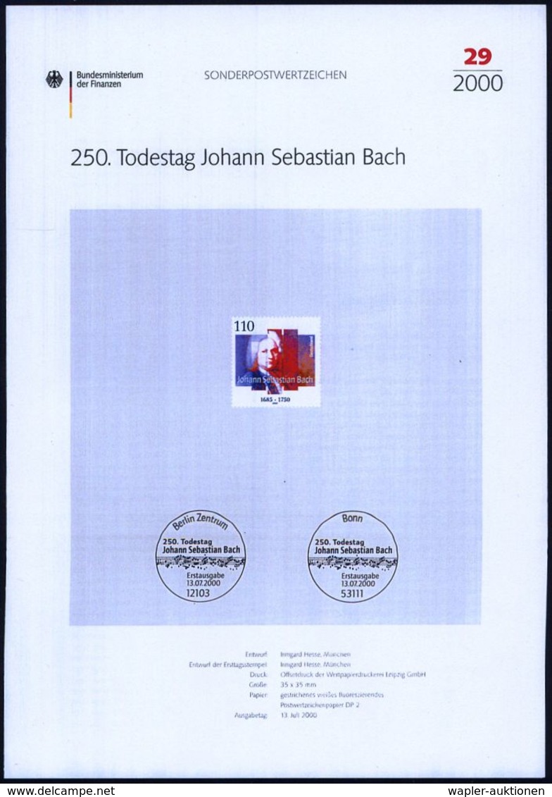 JOHANN SEBASTIAN BACH : B.R.D. 2000 (Juli) 110 Pf. "250. Todestag Joh. Seb. Bach", Postfr. Mit Amtl. Handstempel  "M U S - Music