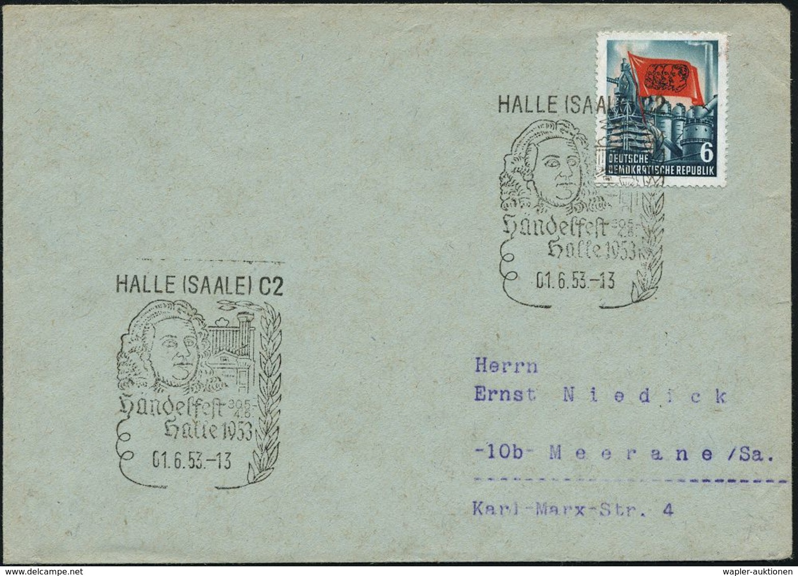 GEORG FRIEDRICH HÄNDEL : HALLE (SAALE) C2/ Händelfest 1953 (4.6.) Seltener SSt = Händel Kopfbild (+ Orgel, Lorbeer) Klar - Musik