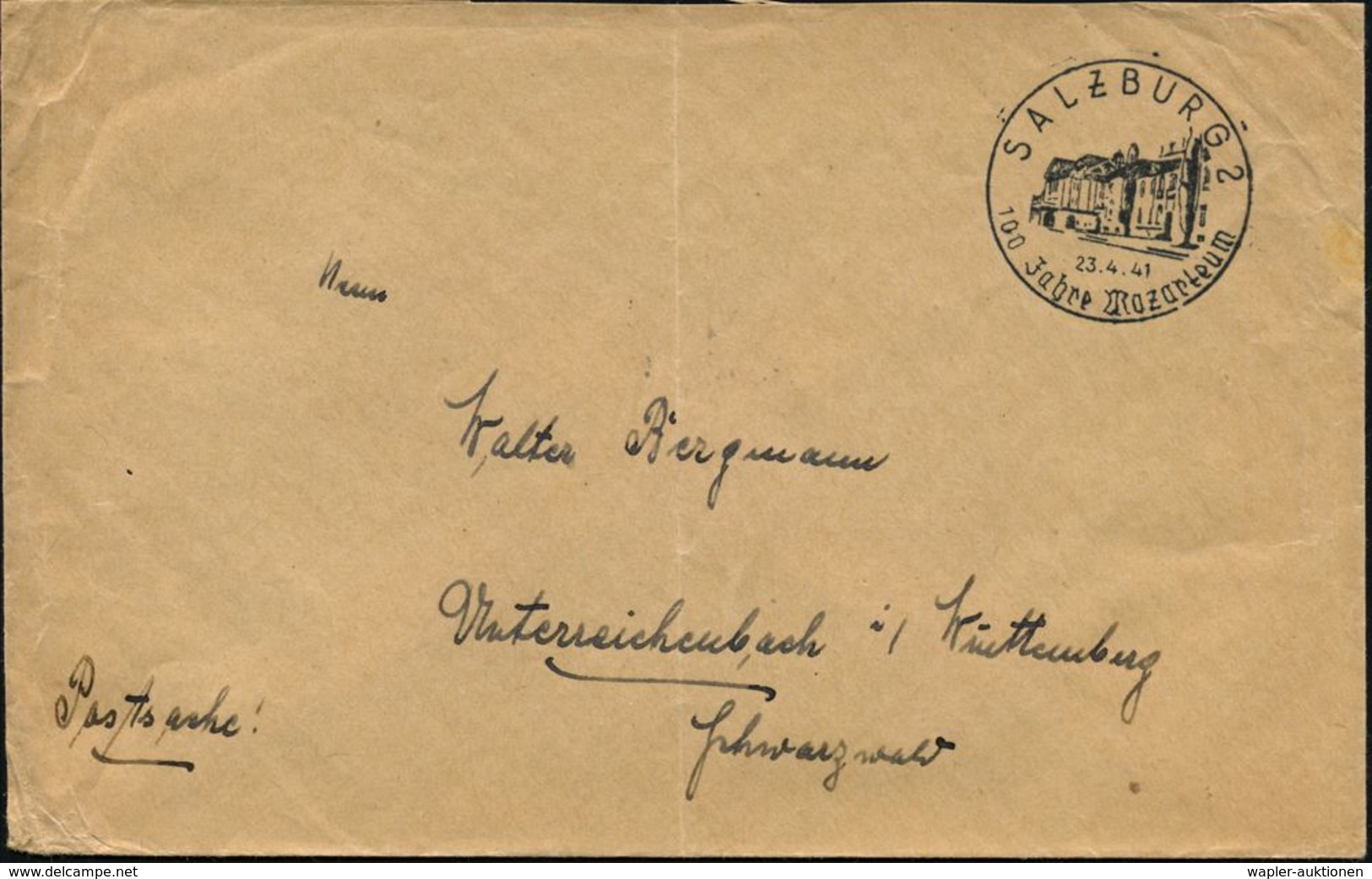 WOLFGANG AMADEUS MOZART : SALZBURG2/ 100 Jahre Mozarteum 1941 (23.4.) Seltener SSt (Mozarteuem) Auf Markenkosem Postdien - Musik