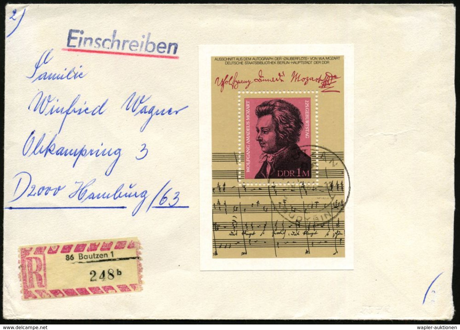 WOLFGANG AMADEUS MOZART : D.D.R. 1981 (14.1.) 1 Mk. "225. Geburtstag W.A. Mozart", Block, EF Zentr. Klar Gest. + RZ: 86  - Music