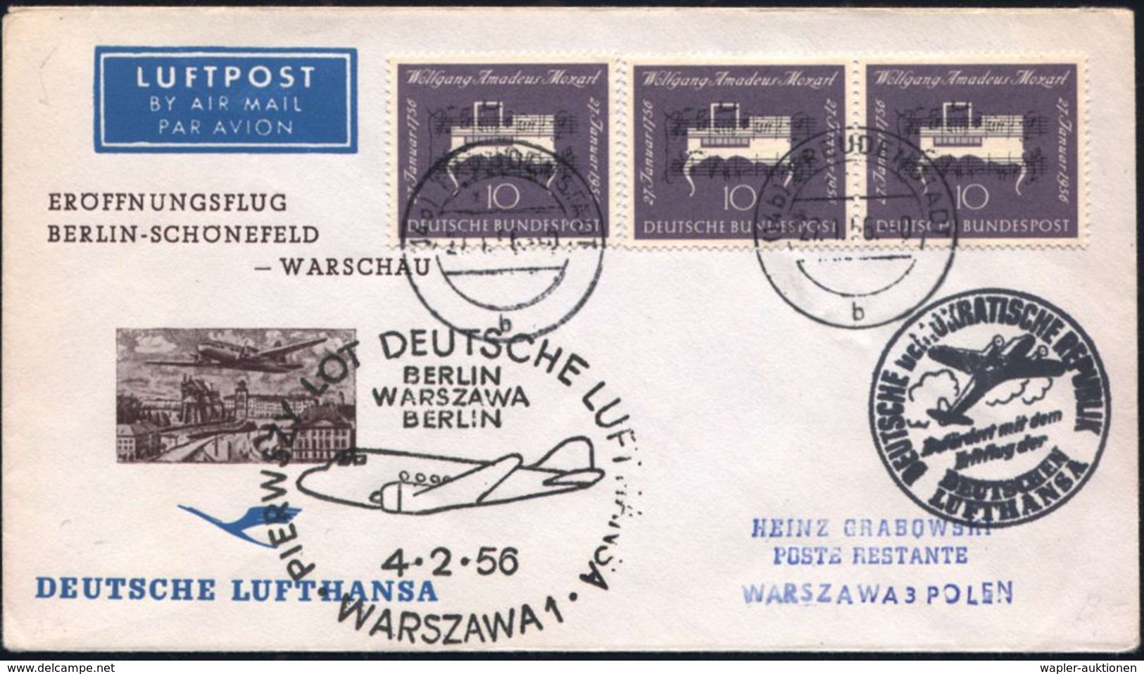 WOLFGANG AMADEUS MOZART : B.R.D. /  D.D.R. 1956 (4.2.) 10 Pf. W. A. Mozart (B.R.D.) Reine MeF: 3er-Streifen Klar Gest. ( - Musica