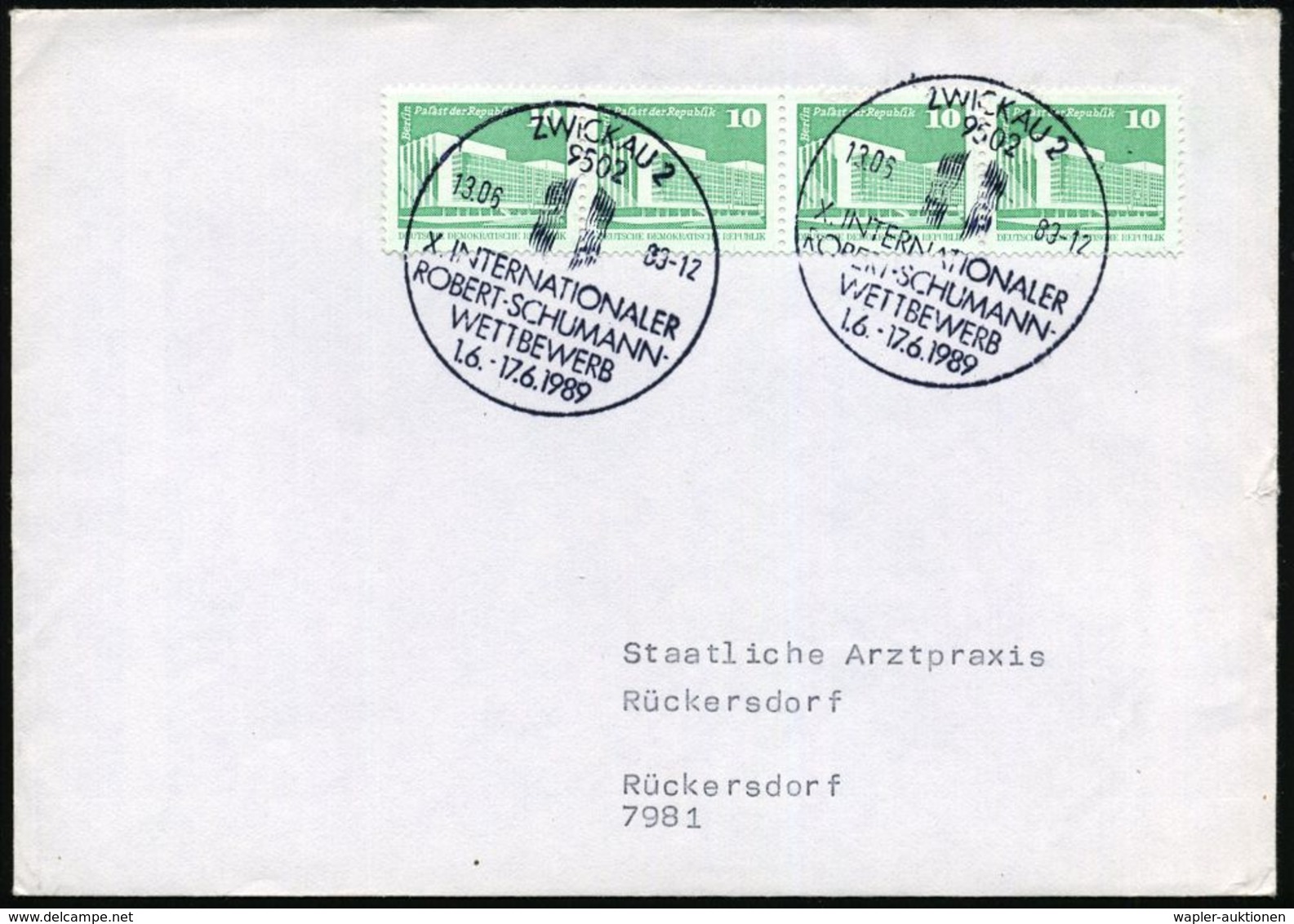 ROBERT SCHUMANN : 9502 ZWICKAU 2/ X.INTERNAT./ ROBERT-SCHUMANN-/ WETTBEWERB 1989 (13.6.) SSt (Logo) 2x Klar Auf Inl.-Bf. - Musica