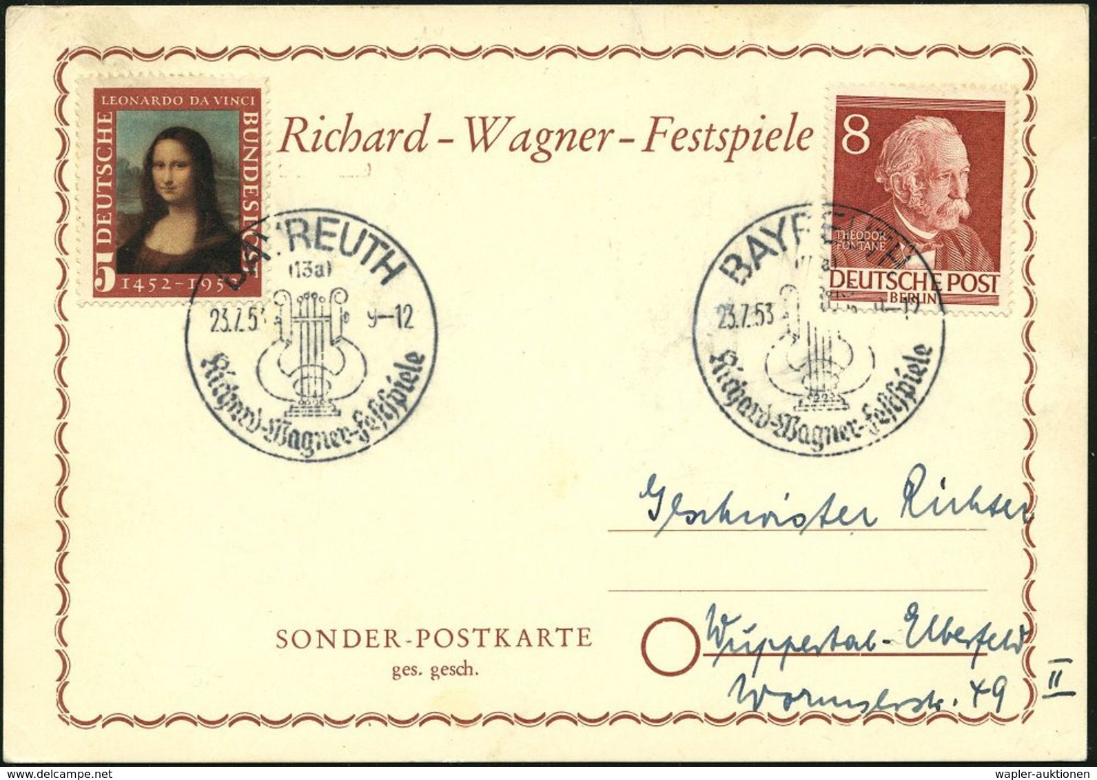 RICHARD WAGNER : (13a) BAYREUTH/ Richard-Wagner-Festspiele 1953 (23.7.) SSt = Lyra 2x Klar Auf Festspiel-Sonder-Kt. Mit  - Musique
